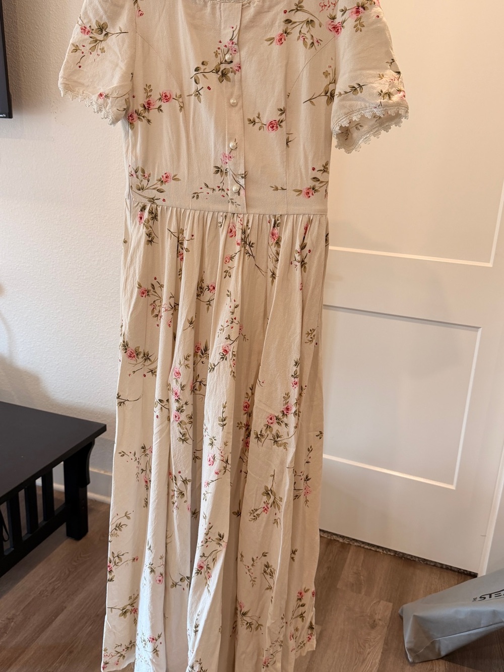 Cream Floral Maxi Dress with Pink Rose Print
